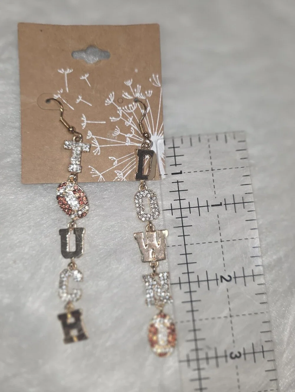 Gold-Tone 'TOUCH DOWN' Letter Drop Earrings Clear And Colored Crystals